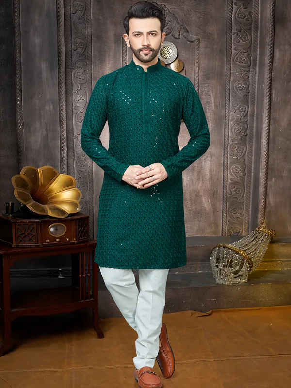 Dark green georgette sequins kurta suit for men
