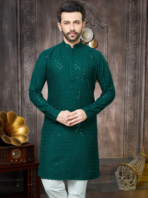 Dark green georgette sequins kurta suit for men