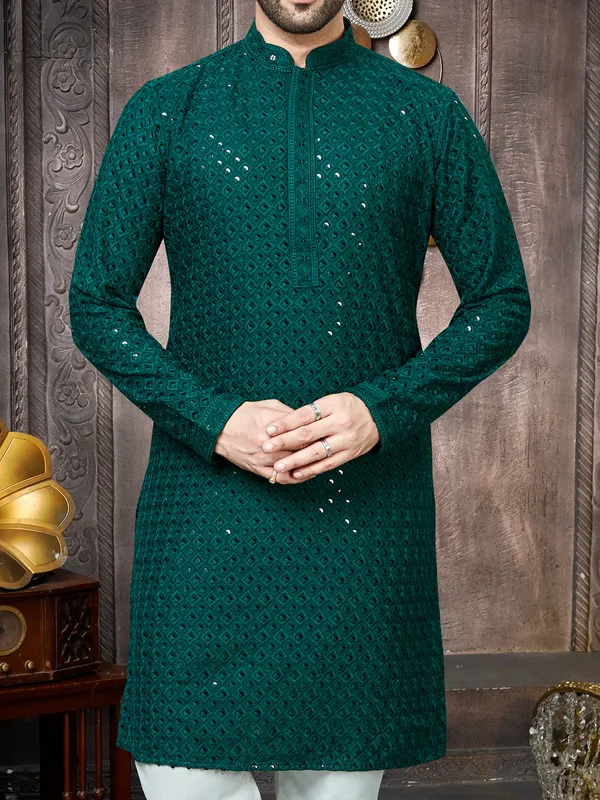 Dark green georgette sequins kurta suit for men