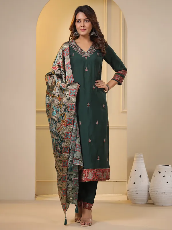 Dark green kurti set with printed dupatta