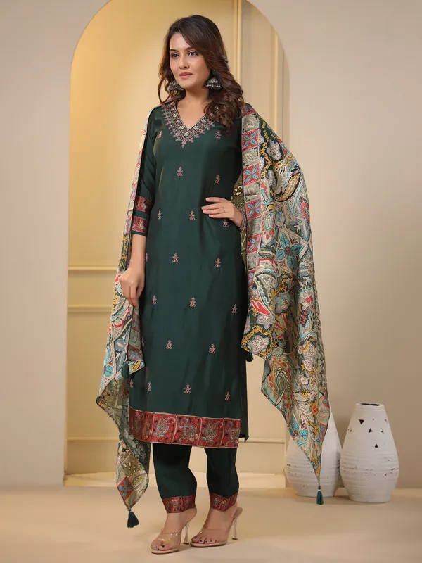 Dark green kurti set with printed dupatta