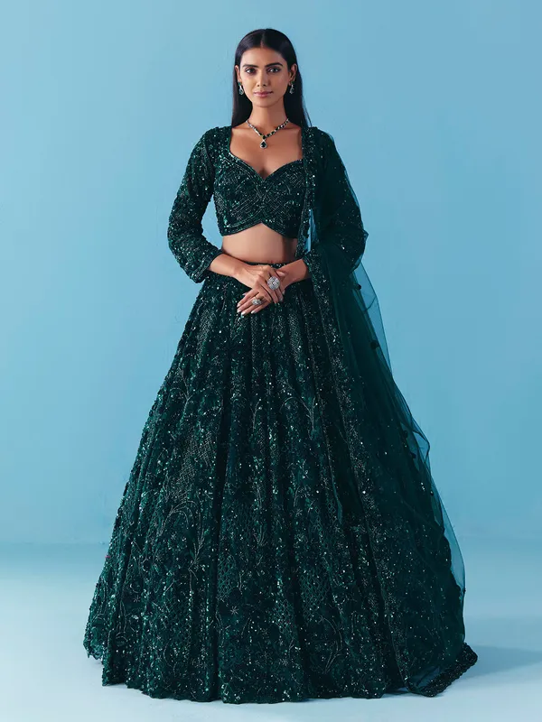 Dark green net lehenga choli with stone and sequins detail