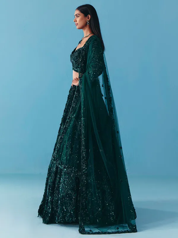 Dark green net lehenga choli with stone and sequins detail