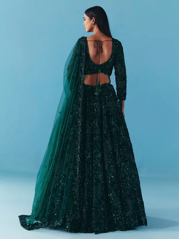 Dark green net lehenga choli with stone and sequins detail