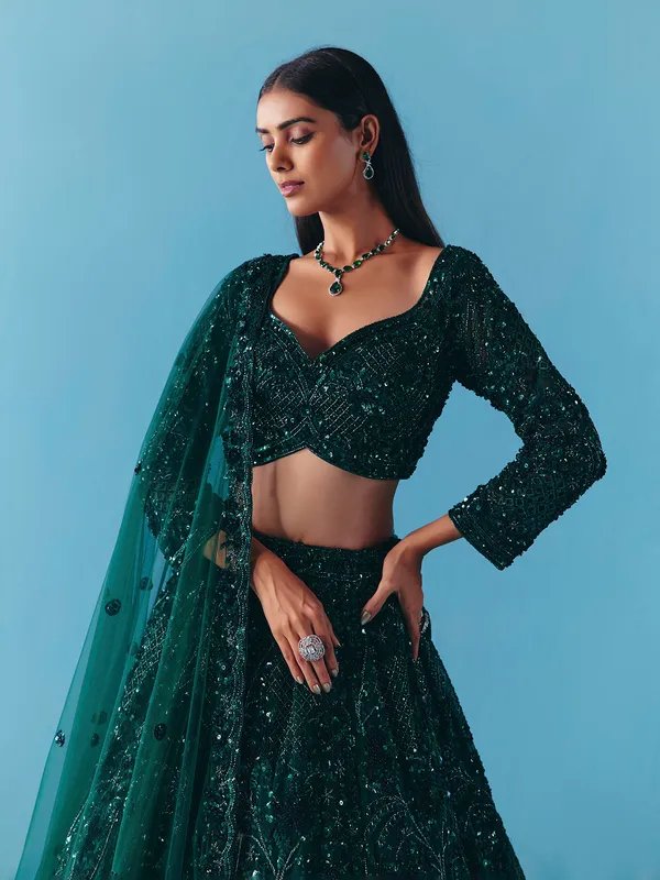 Dark green net lehenga choli with stone and sequins detail