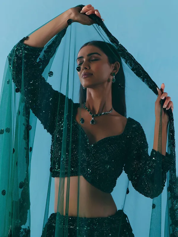 Dark green net lehenga choli with stone and sequins detail