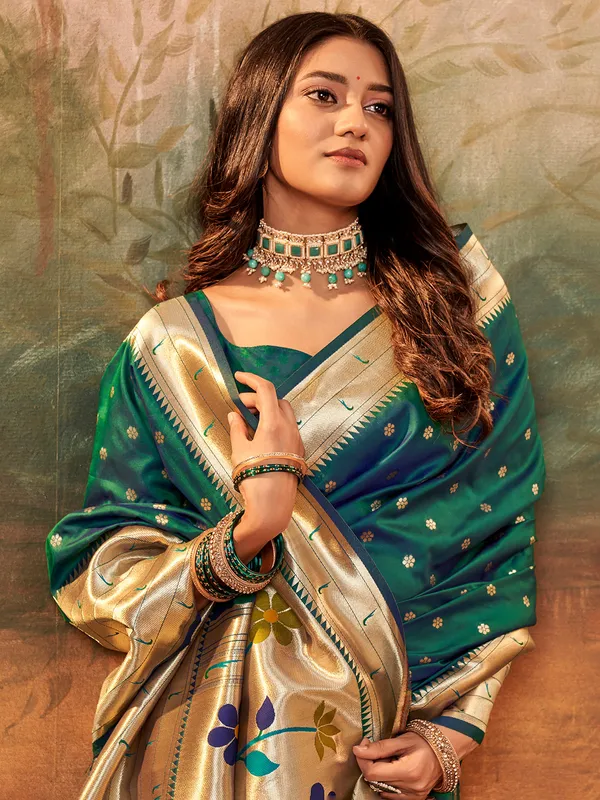 Dark green paithani silk saree