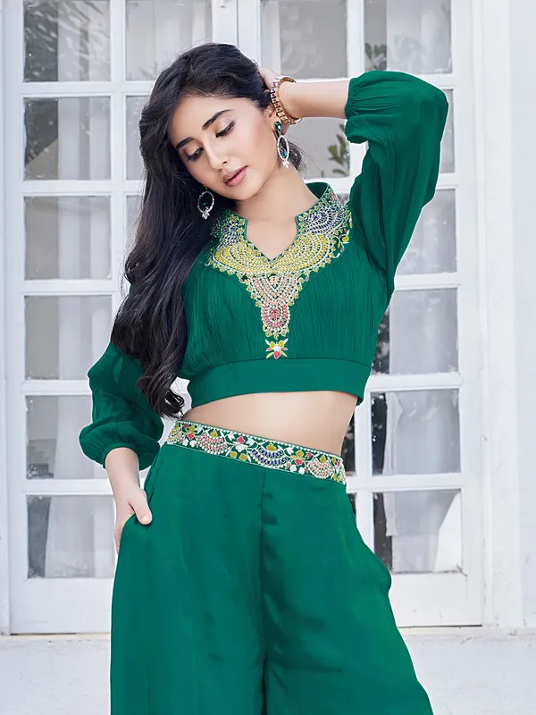 Dark green palazzo suit in silk