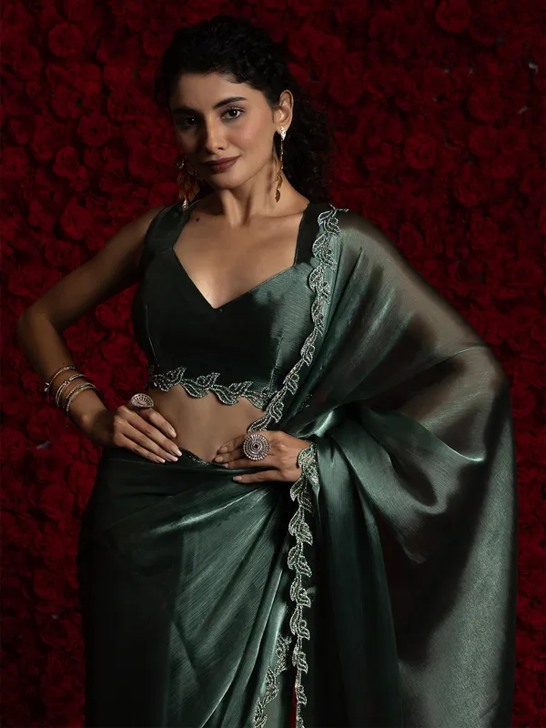 Dark green party wear chiffon saree