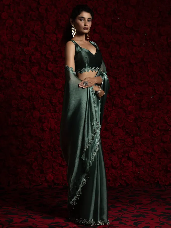 Dark green party wear chiffon saree