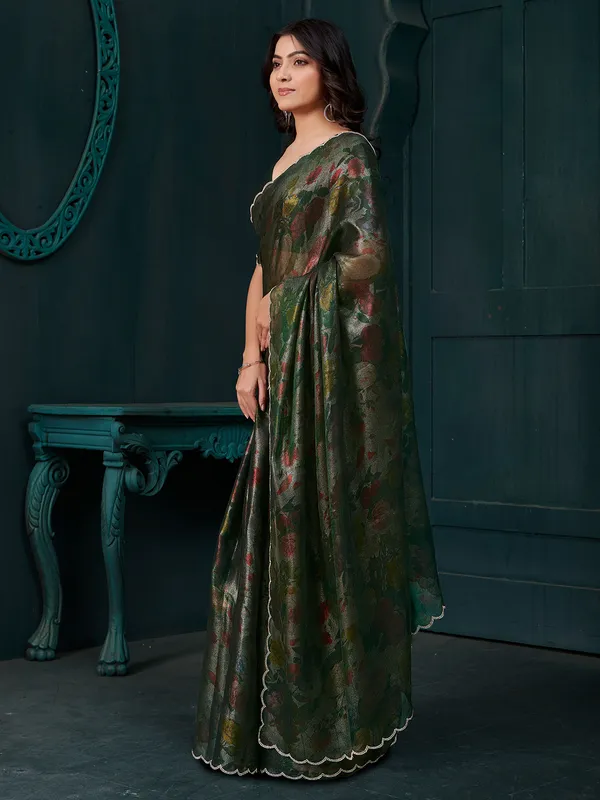 Dark green printed chinon chiffon saree with diamonds