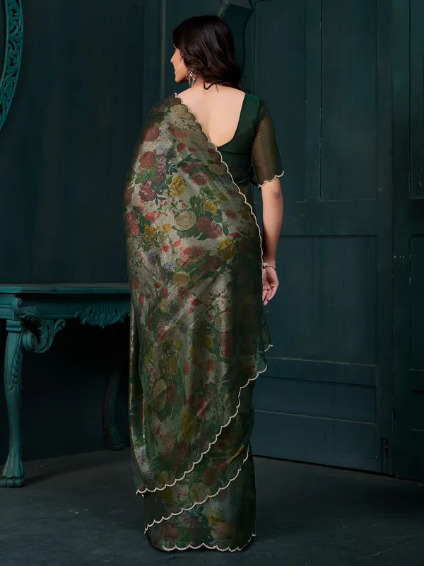 Dark green printed chinon chiffon saree with diamonds