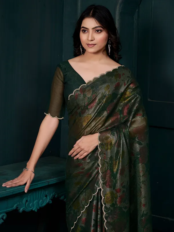 Dark green printed chinon chiffon saree with diamonds