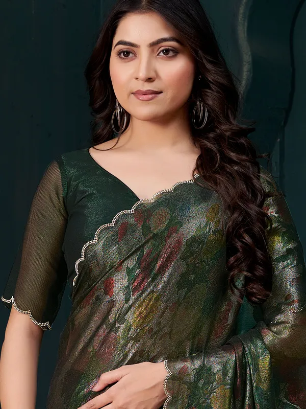 Dark green printed chinon chiffon saree with diamonds