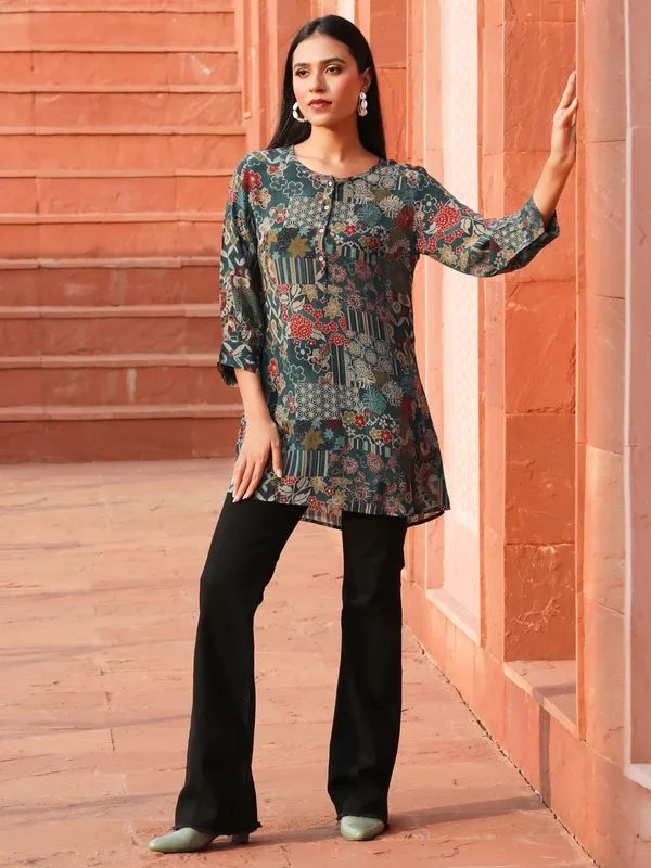 Dark green printed crepe tunic top