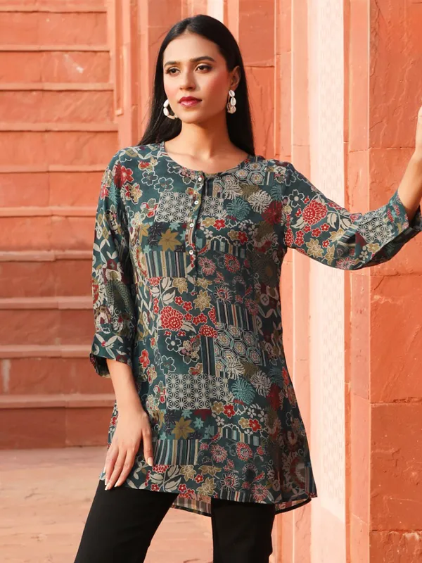 Dark green printed crepe tunic top