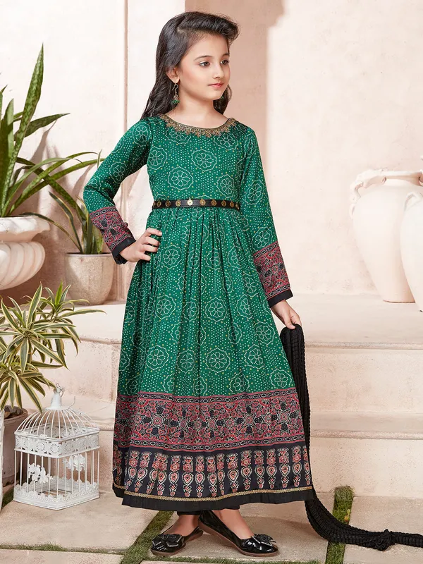 Dark green printed festive look satin silk anarkali suit