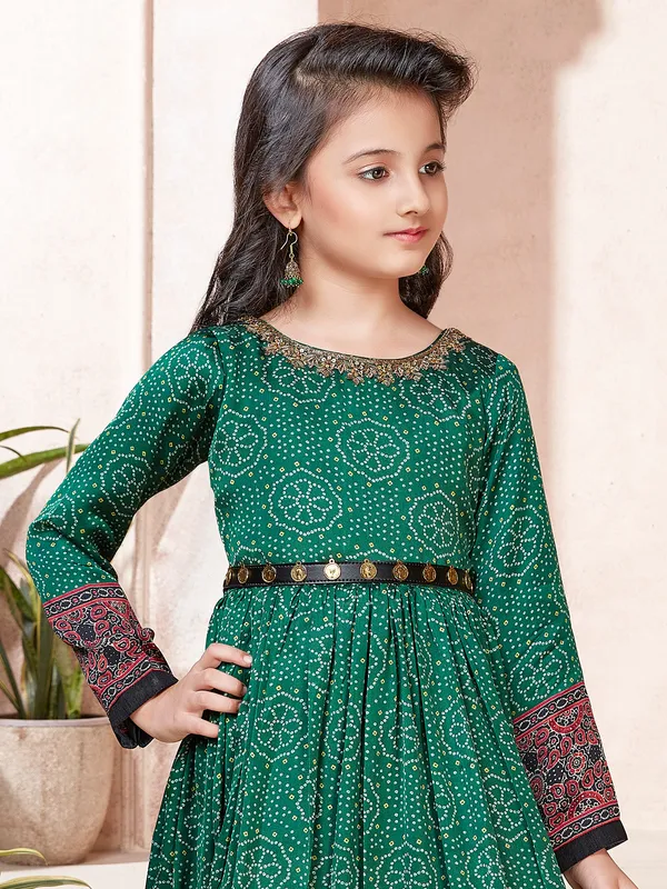 Dark green printed festive look satin silk anarkali suit