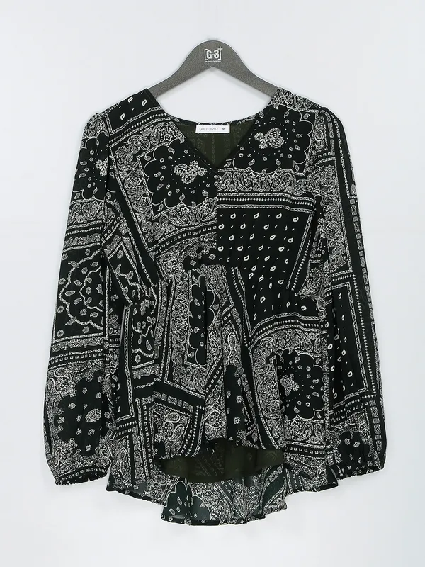 Dark green printed georgette top