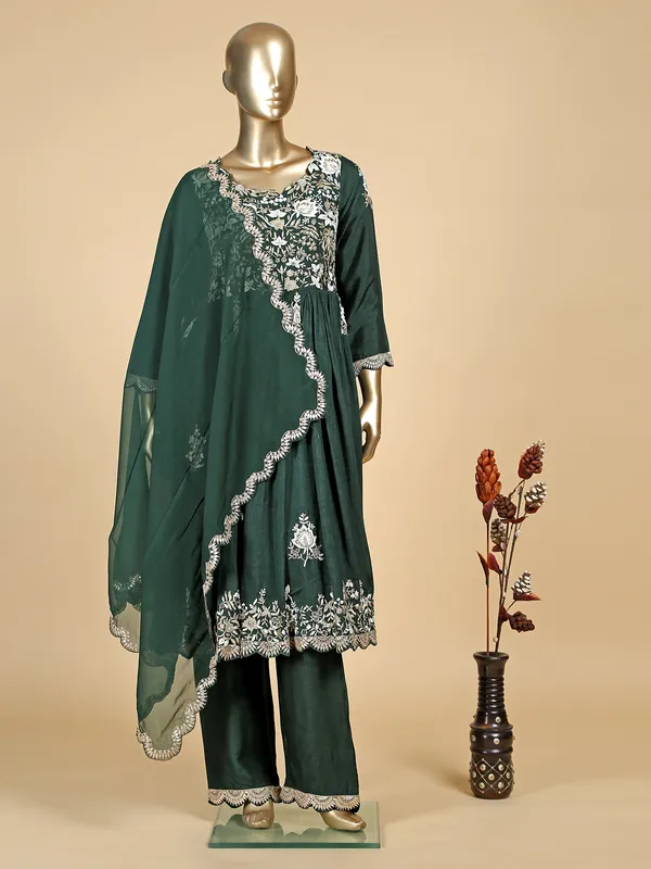 Dark green raw silk palazzo suit