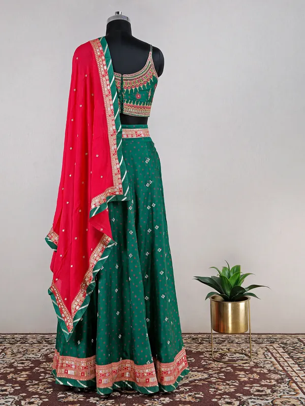 Dark green raw silk printed lehenga choli