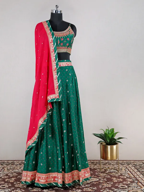 Dark green raw silk printed lehenga choli