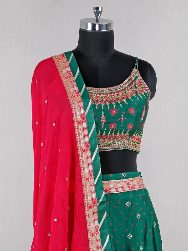 Dark green raw silk printed lehenga choli