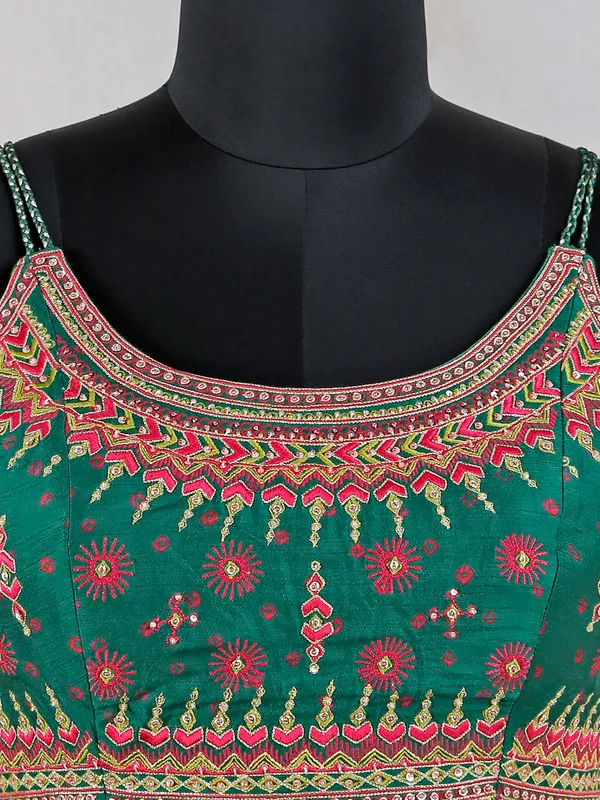 Dark green raw silk printed lehenga choli