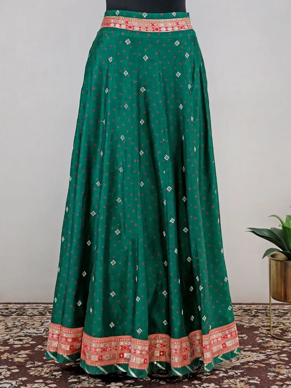 Dark green raw silk printed lehenga choli