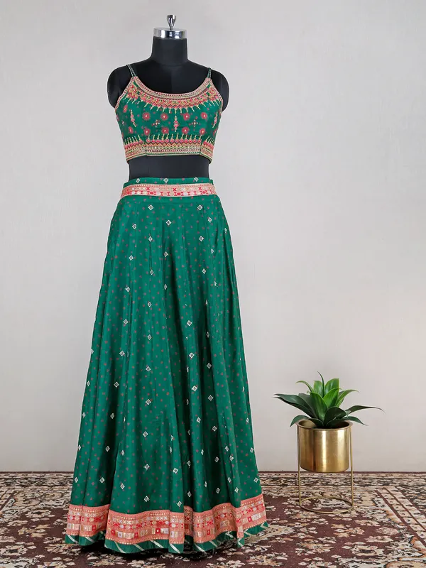 Dark green raw silk printed lehenga choli