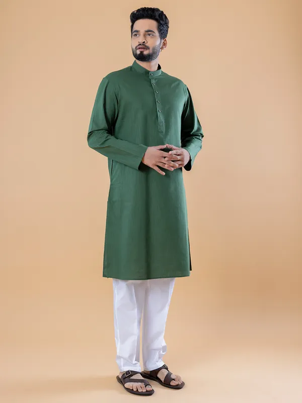 Dark green rich plain cotton  Men Kurta pajama