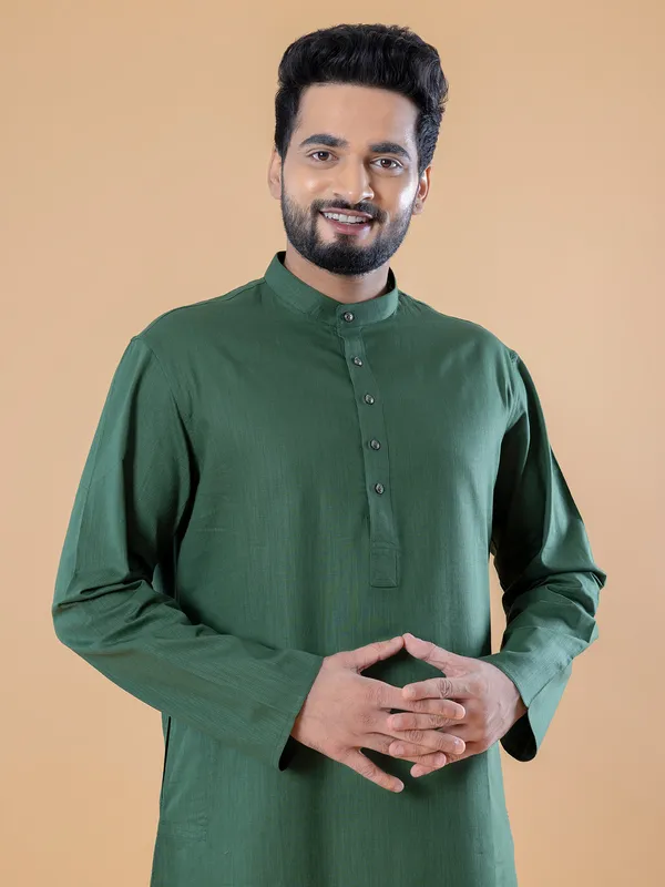 Dark green rich plain cotton  Men Kurta pajama