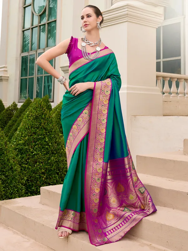 Dark green saree in soft silk