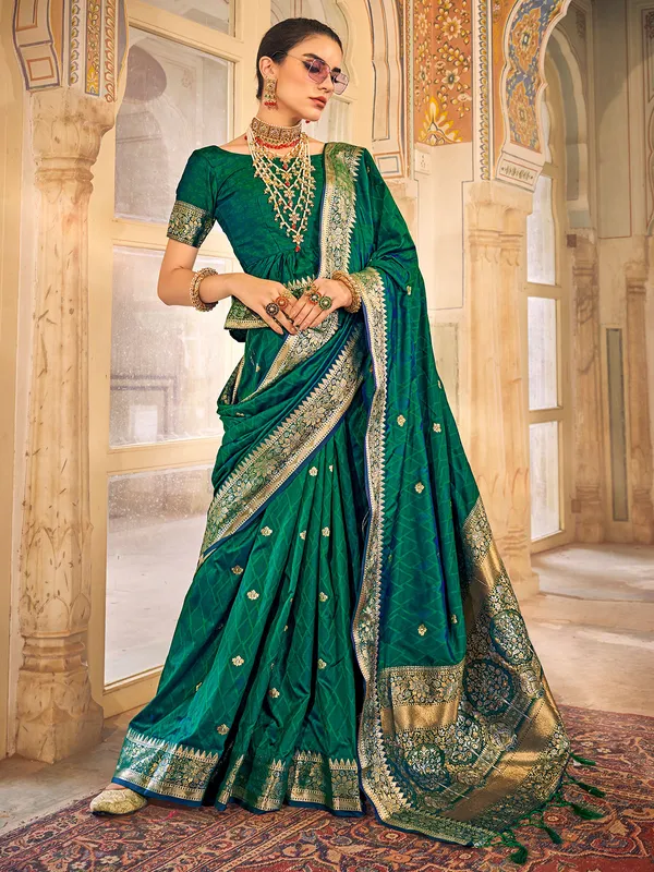 Dark green satin silk dhup chav saree for wedding
