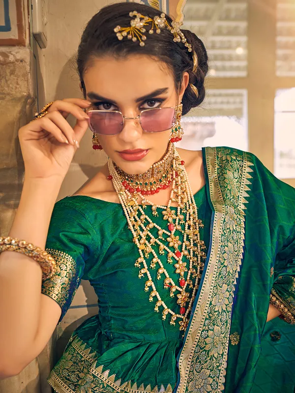Dark green satin silk dhup chav saree for wedding