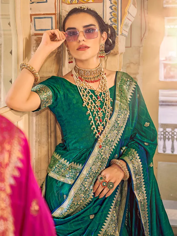 Dark green satin silk dhup chav saree for wedding