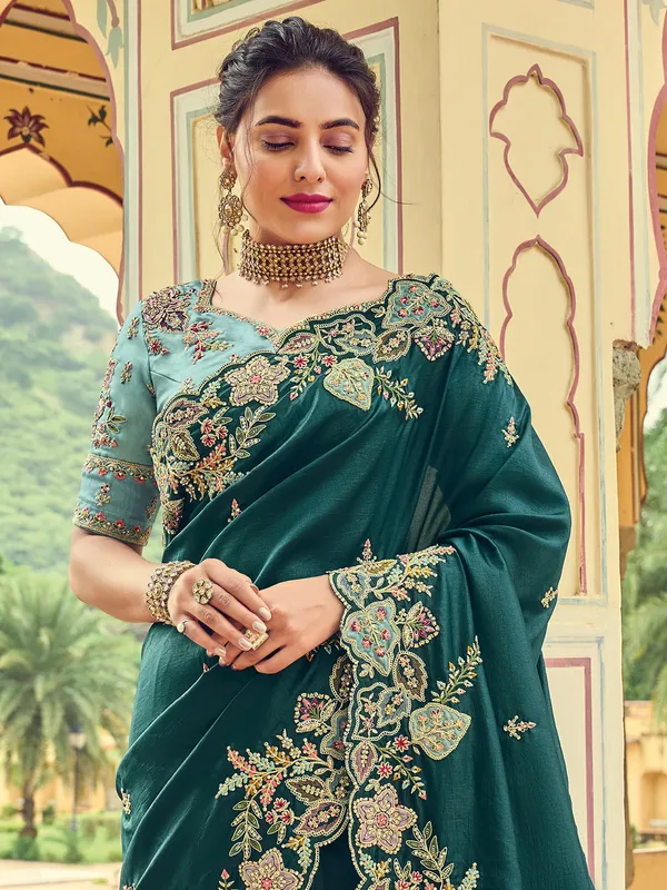 Dark green satin silk saree