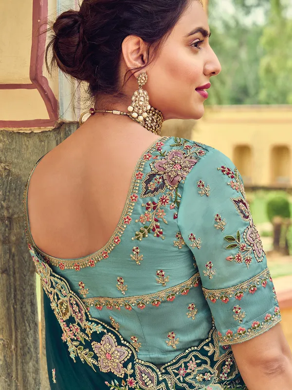 Dark green satin silk saree