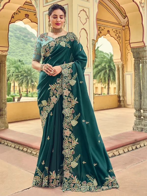 Dark green satin silk saree