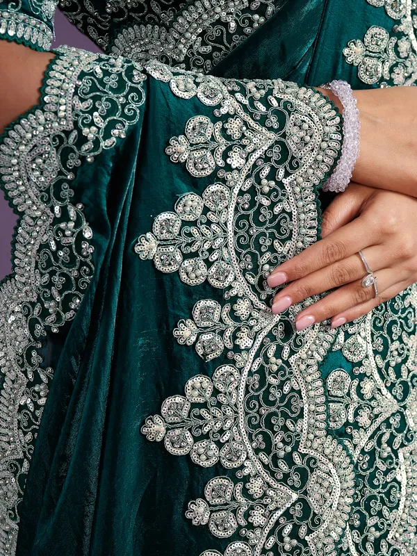 Dark green satin silk saree for wedding