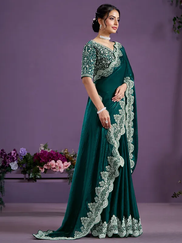 Dark green satin silk saree for wedding