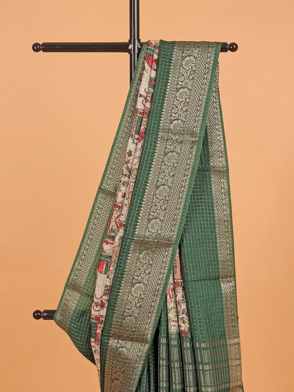 Dark green semi dola silk saree for women