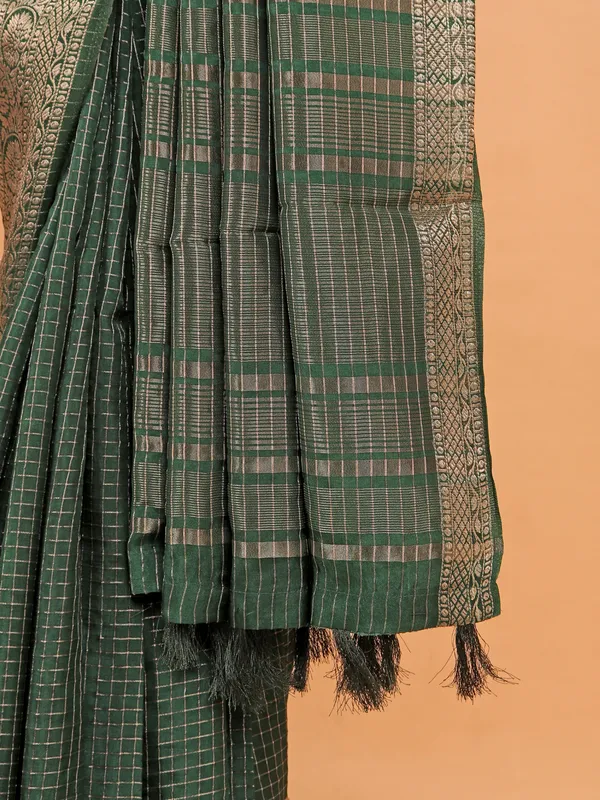 Dark green semi dola silk saree for women