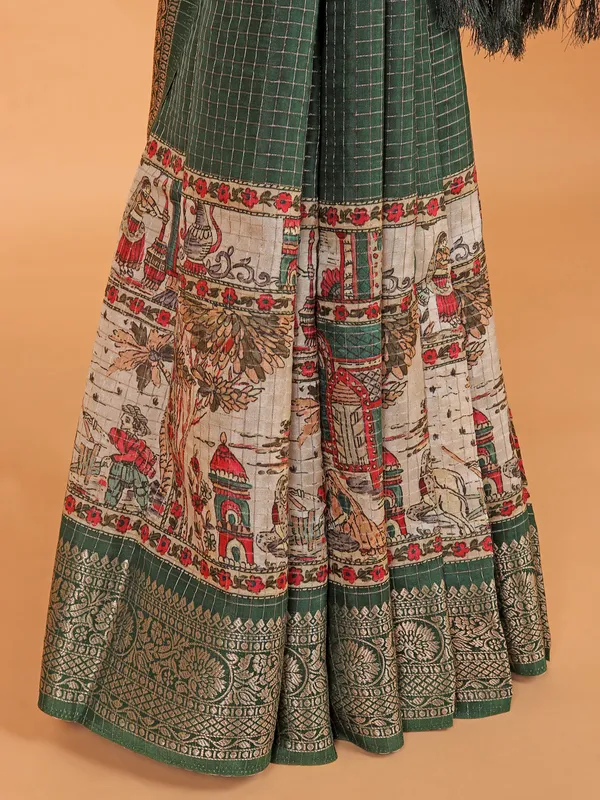 Dark green semi dola silk saree for women
