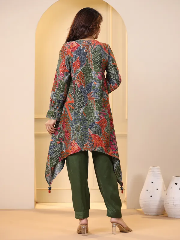 Dark green silk casual kurti set