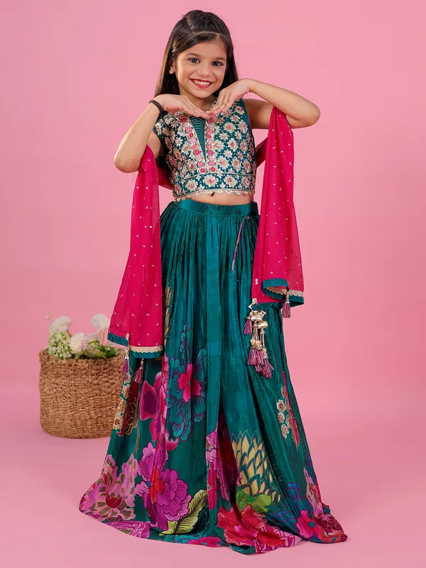Dark green silk lehenga choli with floral print