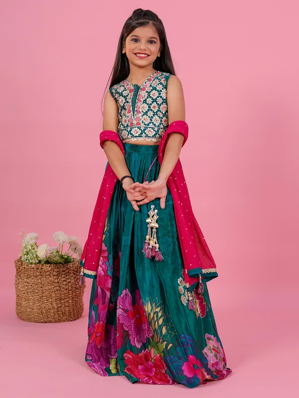 Dark green silk lehenga choli with floral print