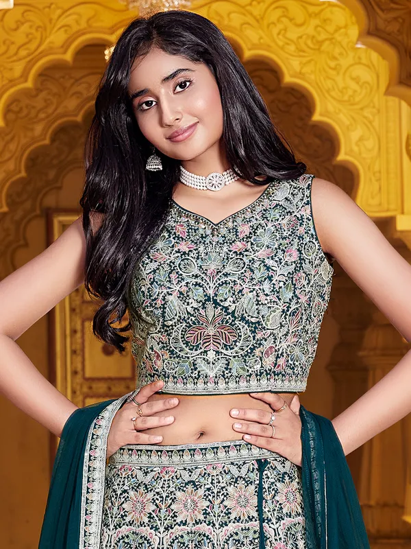 Dark green silk lehenga choli with resham work