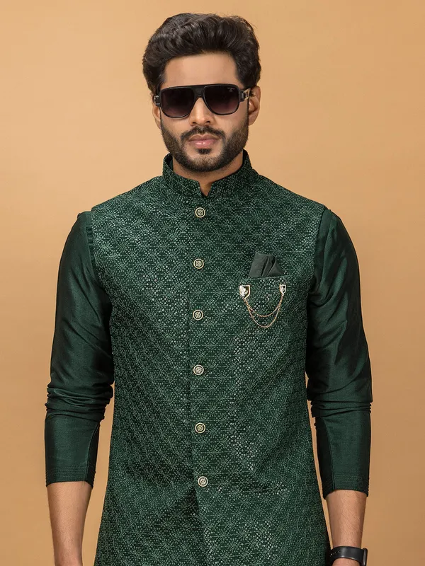 Dark green silk men waistcoat set