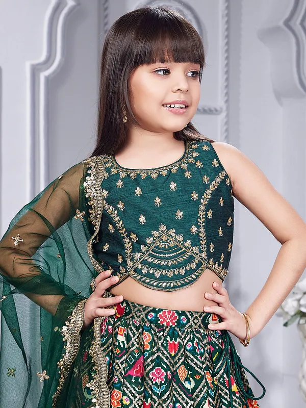 Bottle green silk patola printed lehenga choli